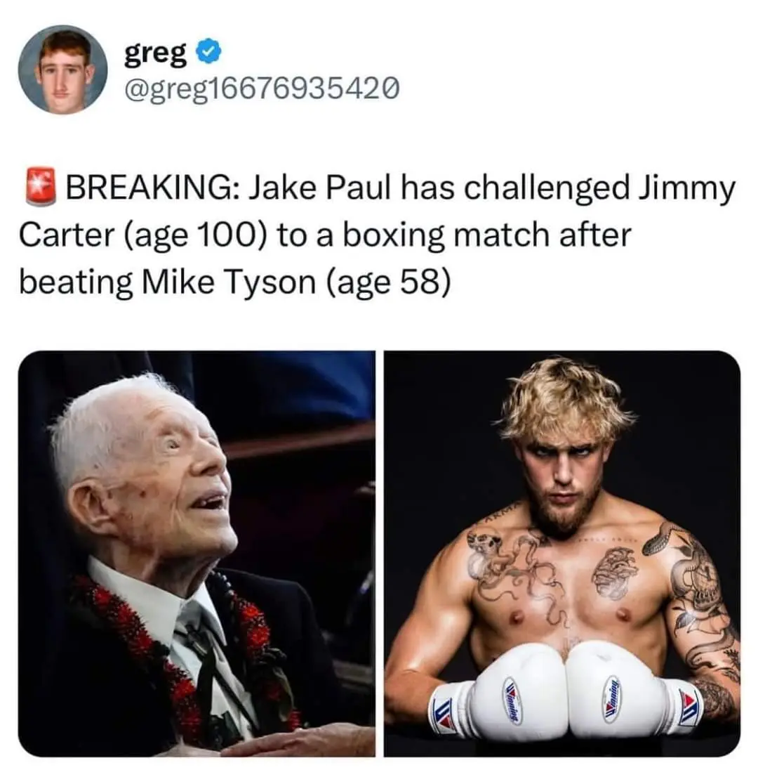 The image displays a tweet from a user named 'greg' with a headline about Jake Paul challenging Jimmy Carter, age 100, to a…
