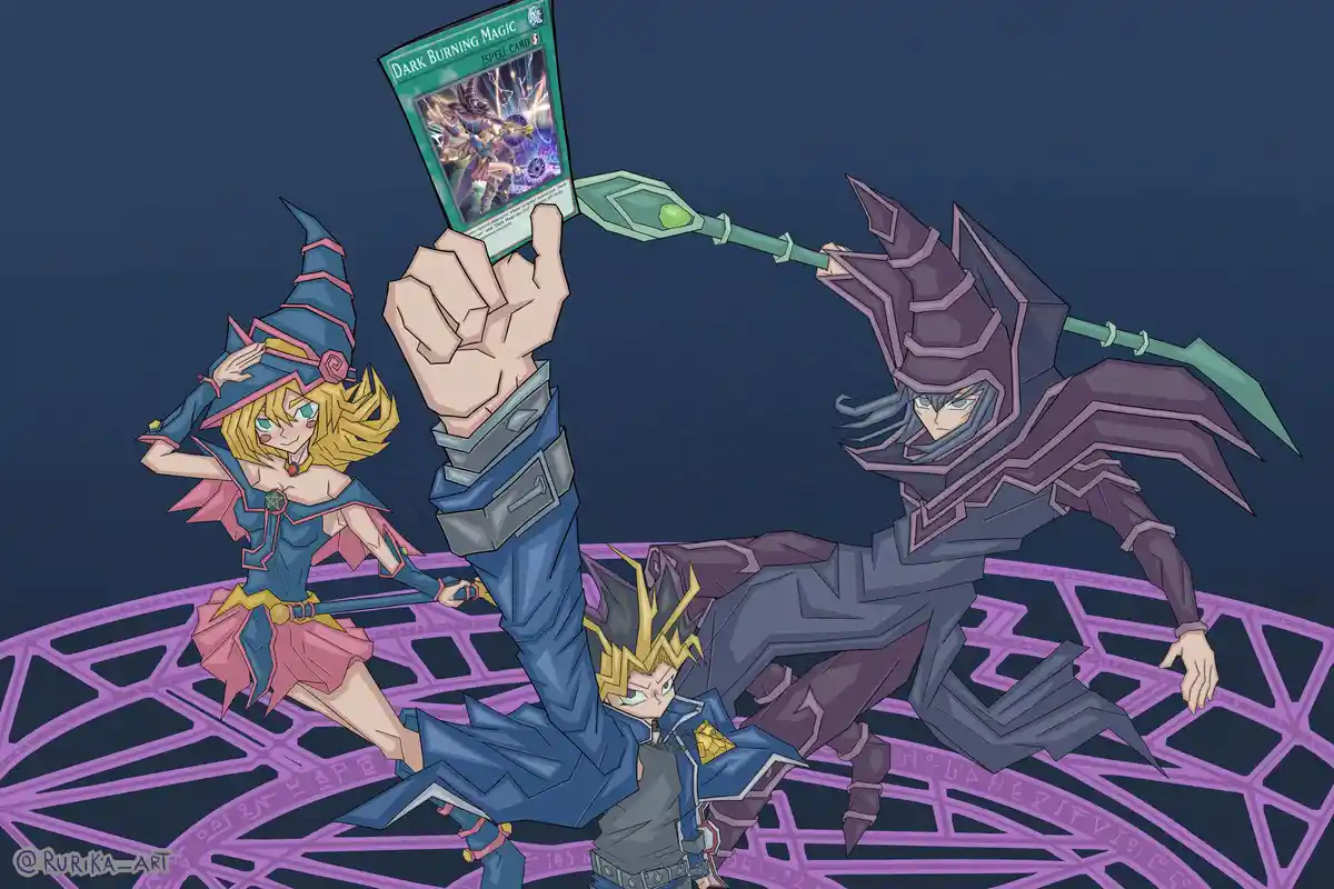 An illustration of three Yu-Gi-Oh! characters: a blonde girl in a blue and pink witch outfit, a boy in a blue outfit holding…