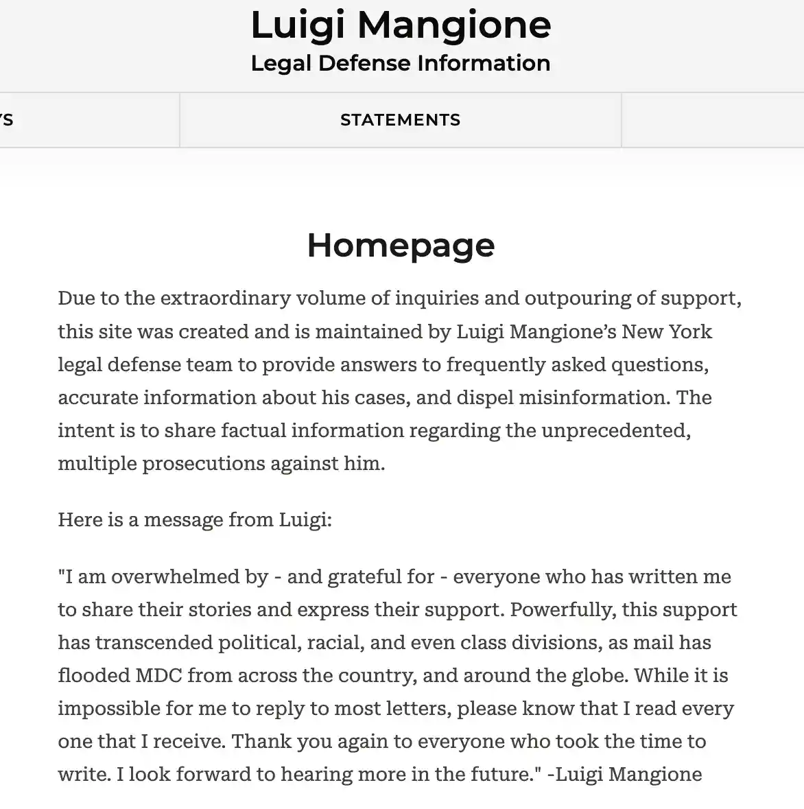 The image shows a webpage titled 'Luigi Mangione Legal Defense Information' under the 'Statements' tab. The page's…