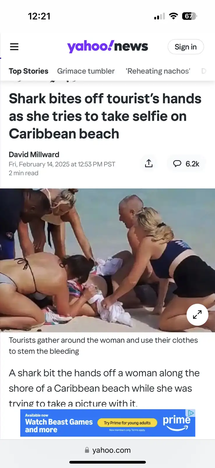 A screenshot of a Yahoo News article shows a woman on a beach surrounded by people helping her after a shark attack. The…