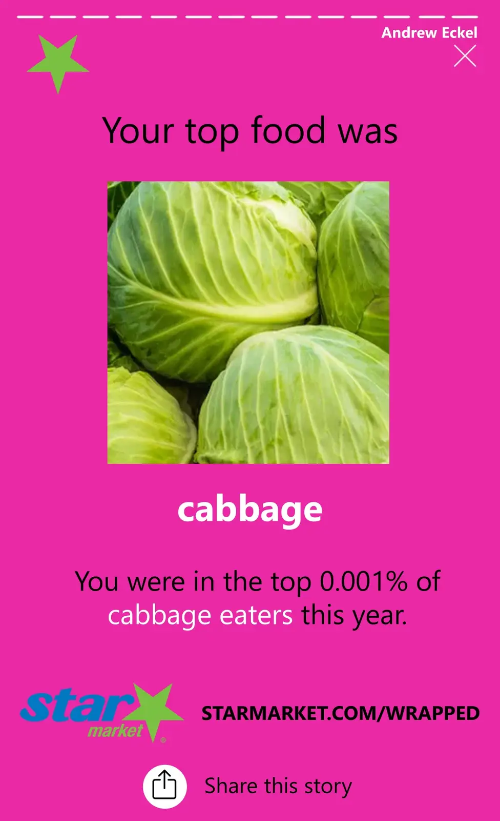 A bright pink digital graphic mimicking a Star Market 'year-in-review' report. It features a photo of green cabbage heads…