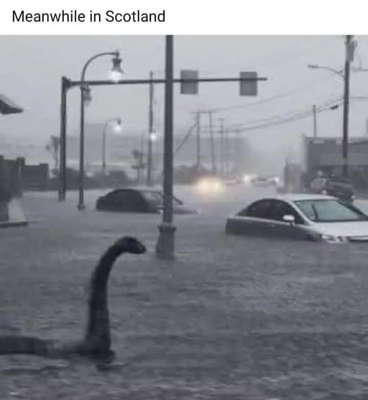 A flooded street with cars partially submerged in murky water, streetlights and traffic signals visible in the background. A…