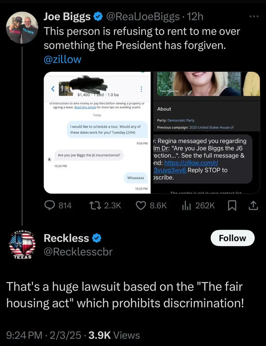 A screenshot of a Twitter thread shows Joe Biggs complaining that a landlord refused to rent to him because he's labeled a…