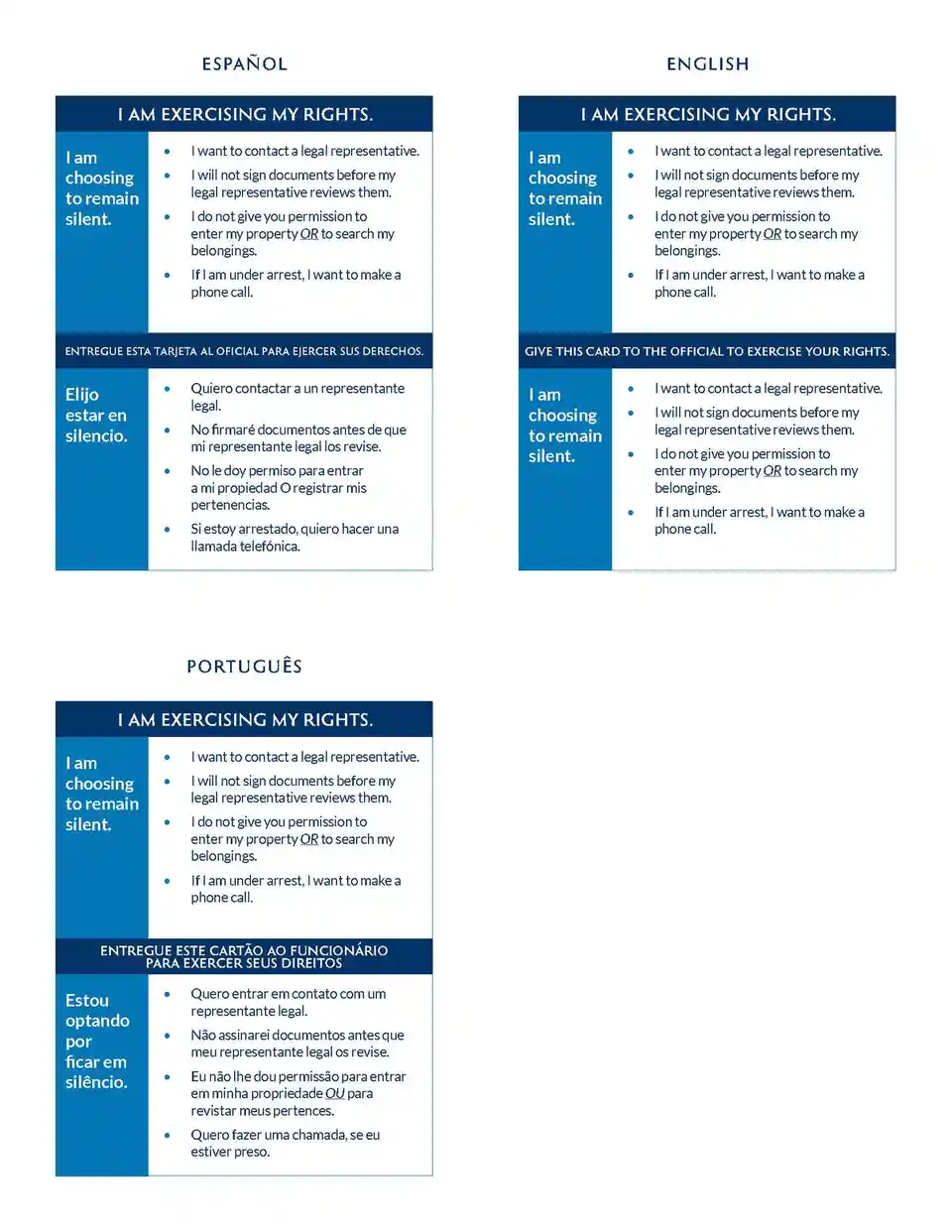 The image displays three identical 'I am exercising my rights' cards in English, Spanish, and Portuguese, each listing…