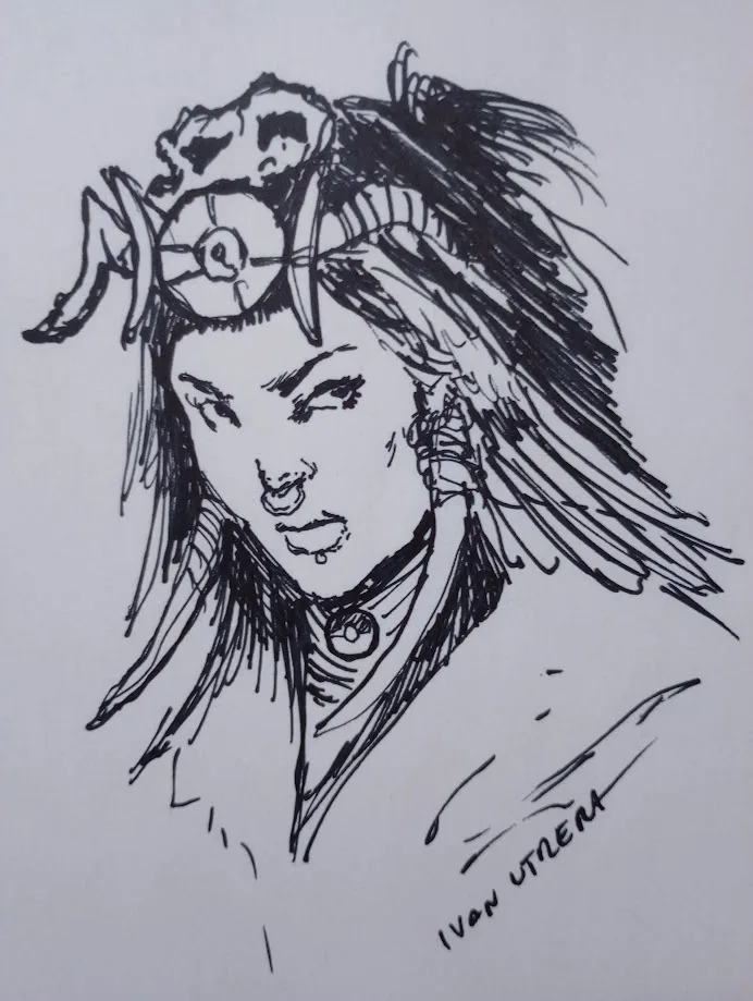 A black-and-white ink sketch of a stylized female character with elaborate hair, a headpiece, and facial piercings, signed…