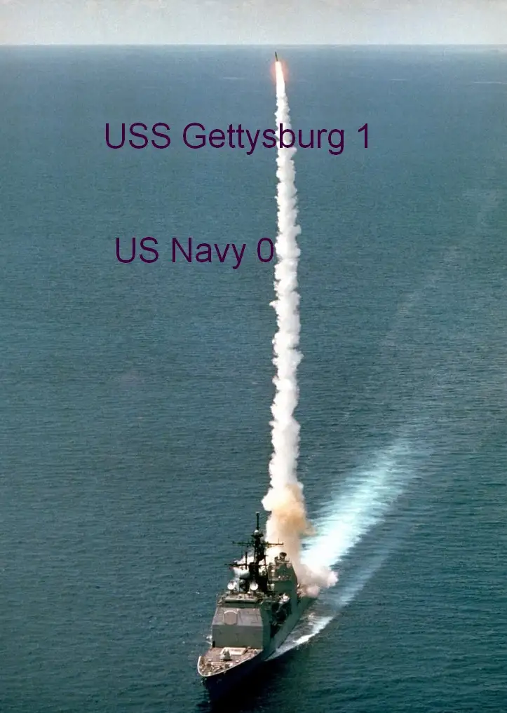An aerial photo shows a US Navy warship firing a missile into the sky over the ocean, leaving a thick white smoke trail…
