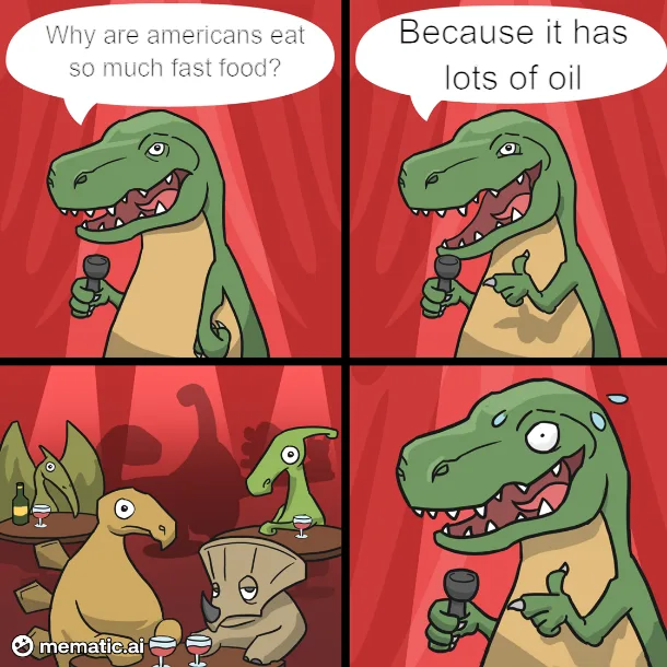 A four-panel comic featuring cartoon dinosaurs in a red-lit stage setting. In the first panel, a green dinosaur holds a…