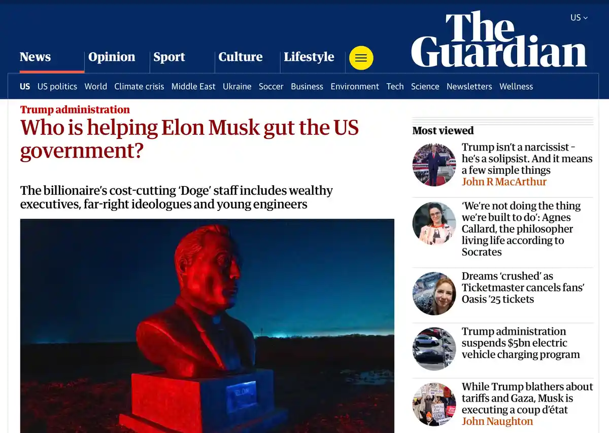 A screenshot of The Guardian's news website shows a headline asking 'Who is helping Elon Musk gut the US government?' with a…