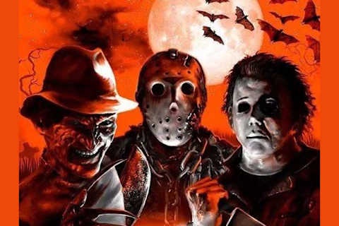 A composite image shows three iconic horror movie villains — Leatherface from The Texas Chain Saw Massacre, Jason Voorhees…
