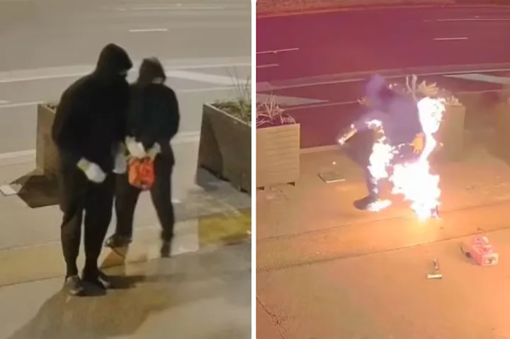 side-by-side images show two people in black hoodies standing on a sidewalk at night, then the same person is engulfed in…