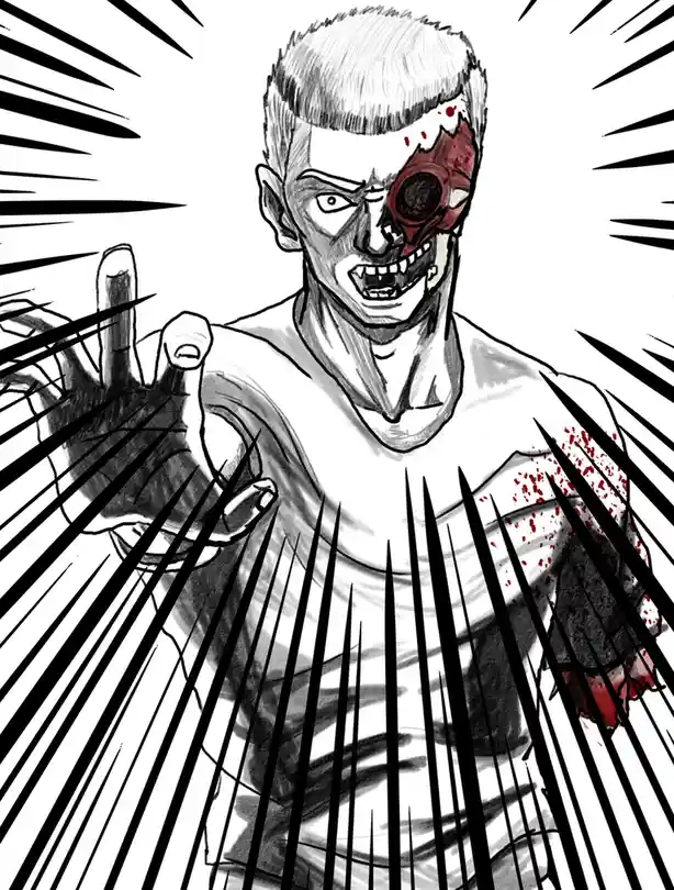 A black-and-white manga-style drawing shows a man with a bloody, skull-like eye patch and a grimace, making a rude hand…