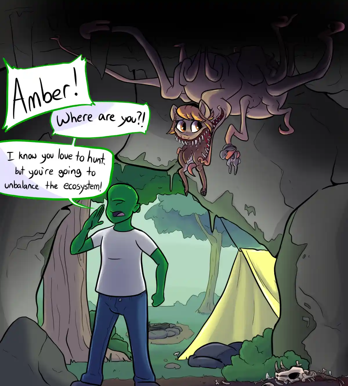 A green-skinned humanoid in a white t-shirt and jeans stands in a cave entrance, calling out 'Amber! Where are you?!' and…