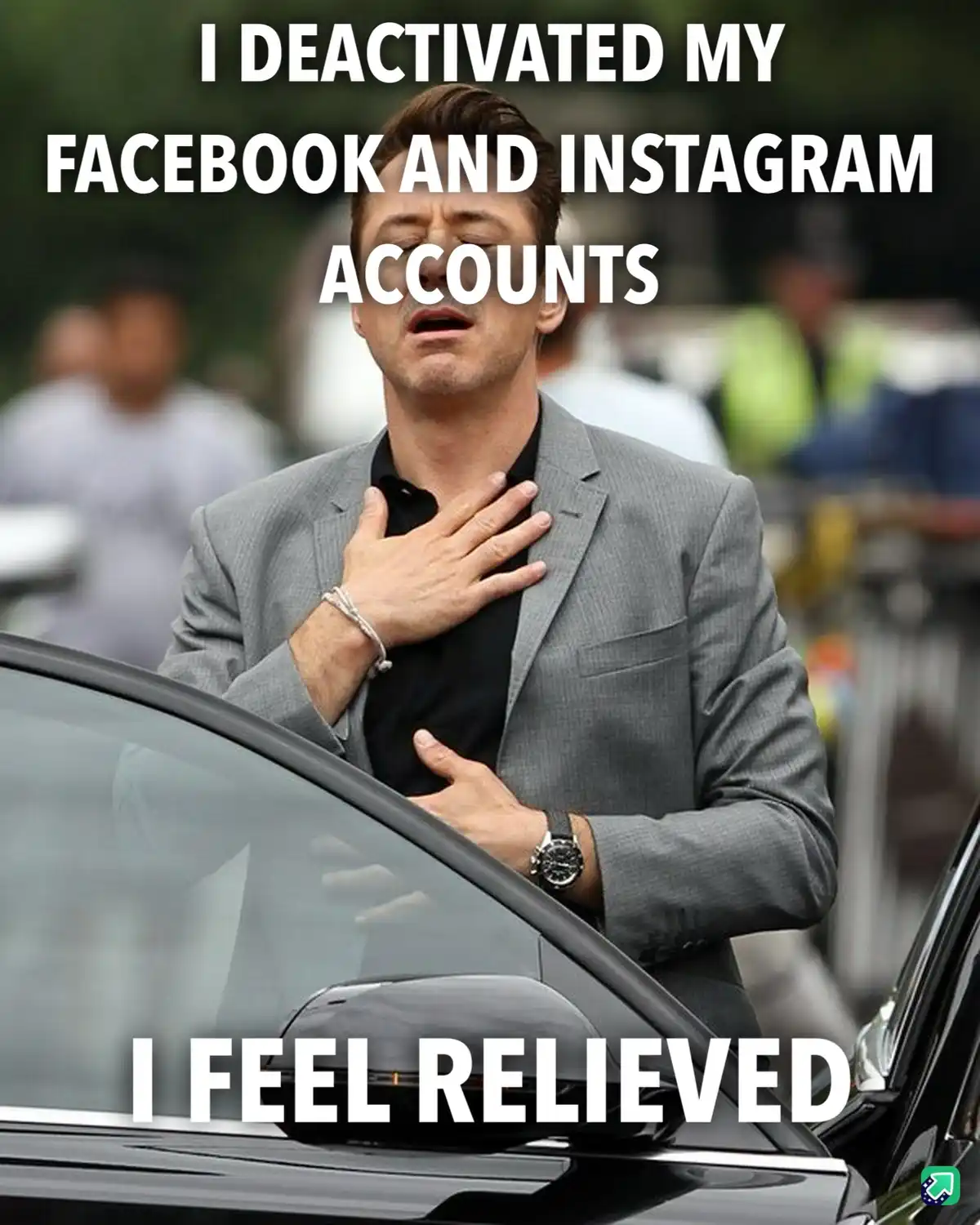 A man in a gray suit stands beside a car, hand on his chest, looking relieved. White text overlaid on the image reads 'I…