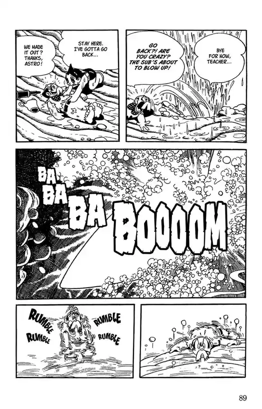 A black-and-white manga panel from 'Astro Boy' shows characters in a submarine disaster. One character tells another to stay…