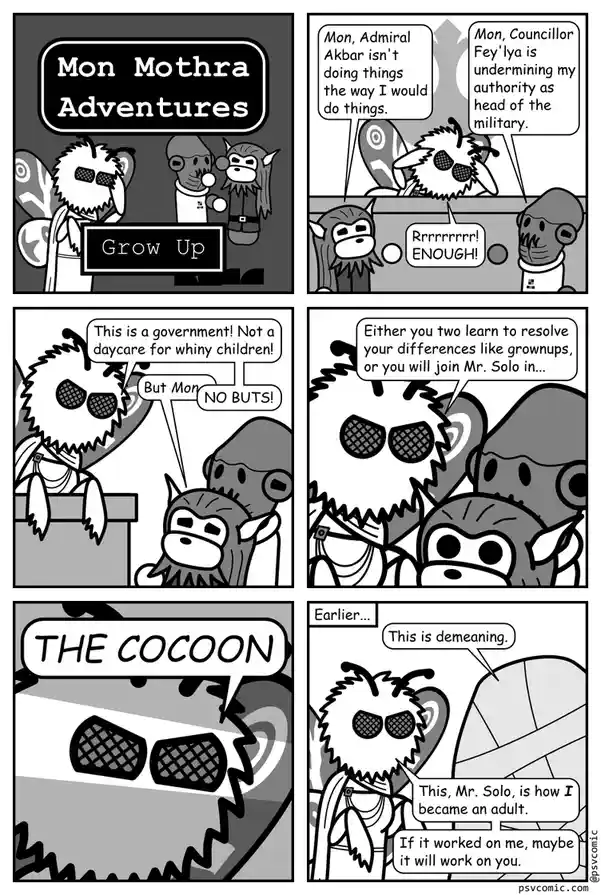 A six-panel black-and-white comic titled 'Mon Mothra Adventures' depicts a monarch butterfly-like character, Mon Mothra…