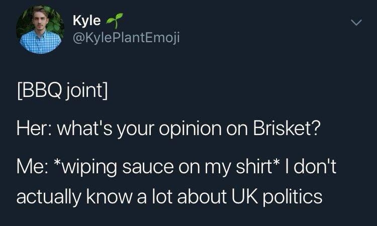 A screenshot of a tweet by Kyle (@KylePlantEmoji) showing a humorous exchange where someone is asked about brisket at a BBQ…