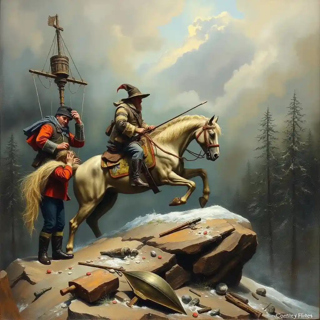A fantasy painting depicts a man in a wizard’s hat riding a white horse that is leaping over a rocky outcrop, while another…