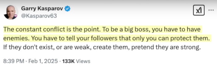 A screenshot of a tweet from Garry Kasparov, with a highlighted section of text that reads: 'The constant conflict is the…