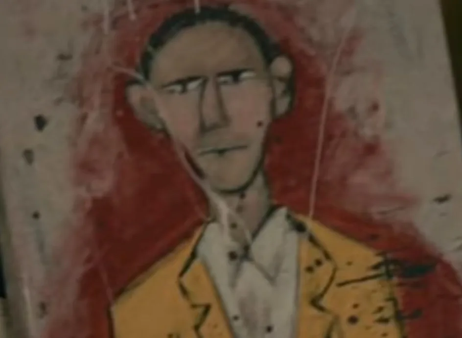 A blurry, low-resolution image of a crude, abstract painting depicting a man with a stern expression, wearing a yellow…