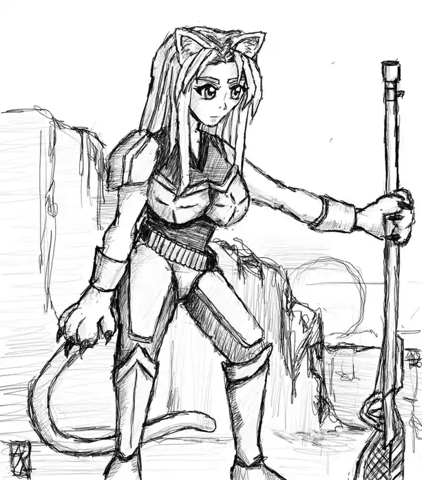 A black-and-white sketch depicts a female anthropomorphic cat character with long hair, cat ears, and a tail, wearing armor…