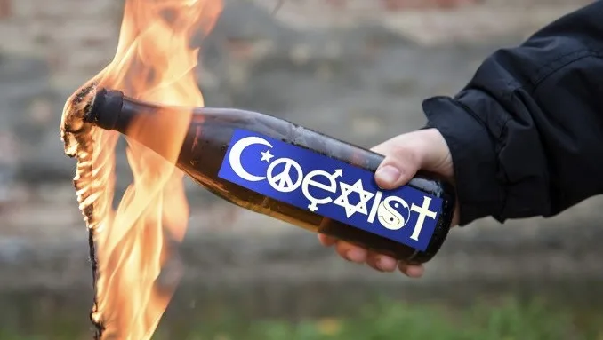 A hand holds a bottle on fire, the bottle has a blue label with the word 'Coexist' and symbols including a peace sign…