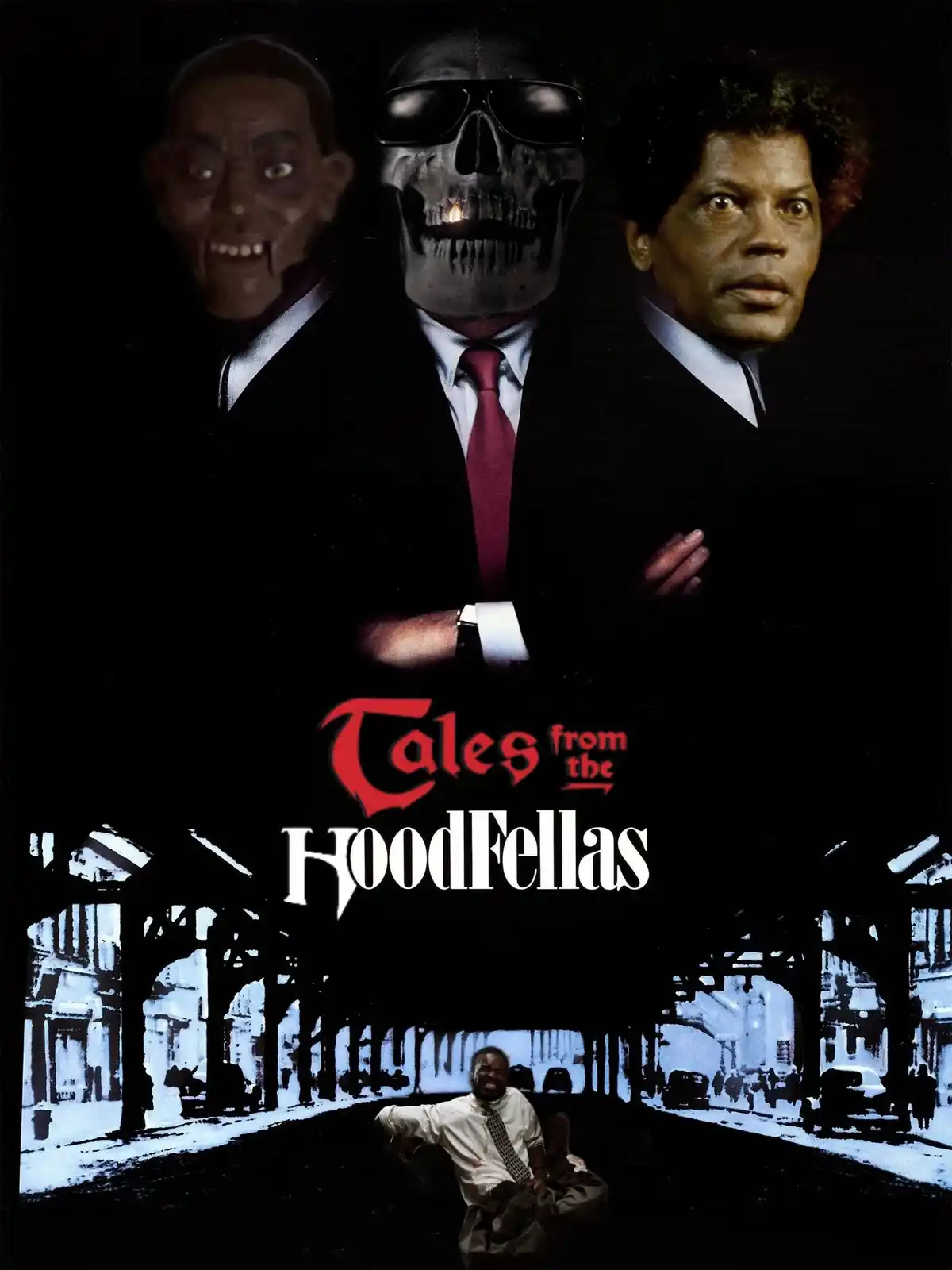 A movie poster parody showing three men in suits: a vampire on the left, a skull wearing sunglasses with a lit cigarette in…