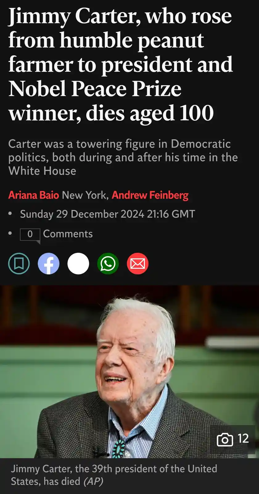 The image displays a news article screenshot with a headline about Jimmy Carter's death at age 100, overlaid on a photo of…