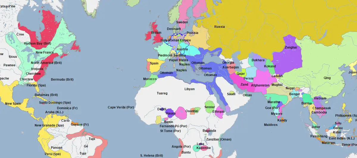A colorful historical map showing global political entities in 1750, with regions like the Holy Roman Empire, Qing China…