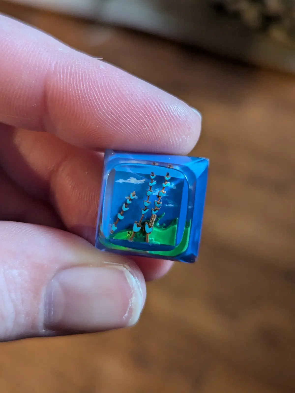 A hand holds a small, transparent blue cube containing a miniature diorama with tiny blue heart-shaped flowers on brown…