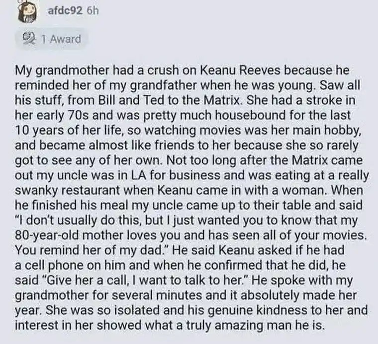 A screenshot of a Reddit post by user 'afdc92' detailing a touching anecdote about a grandmother who had a crush on Keanu…
