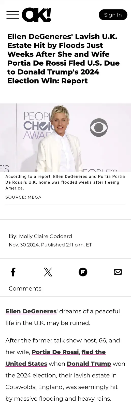 A screenshot of an OK! USA news article featuring a photo of Ellen DeGeneres smiling at a People's Choice Awards event. The…