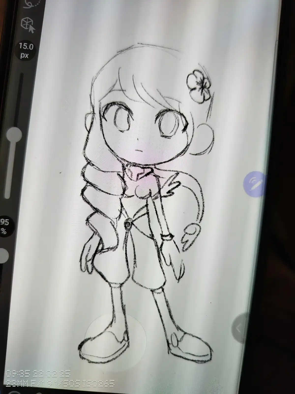 A black-and-white digital sketch of a chibi-style anime girl with large eyes, a flower in her hair, and a bow tie, displayed…