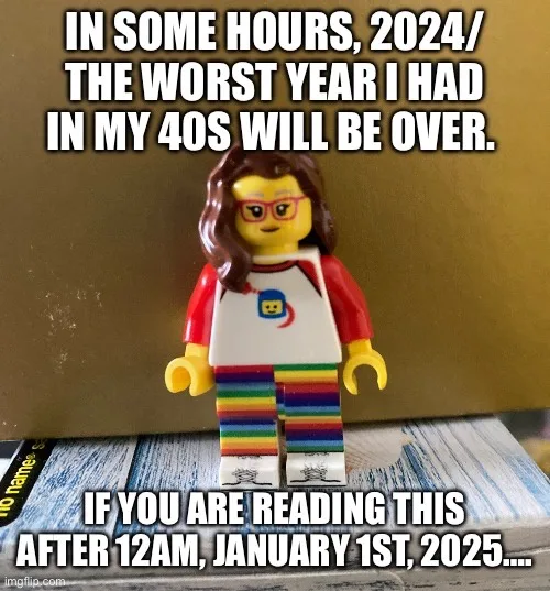 A Lego minifigure with brown hair, glasses, and rainbow-striped pants stands on a bookshelf. White bold text overlays the…