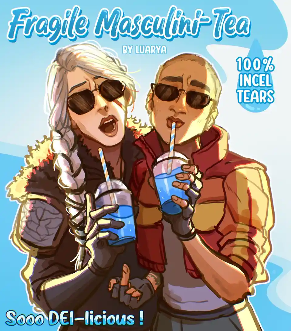 Two animated characters, one with white braided hair and the other with a shaved head, both wearing sunglasses and holding…