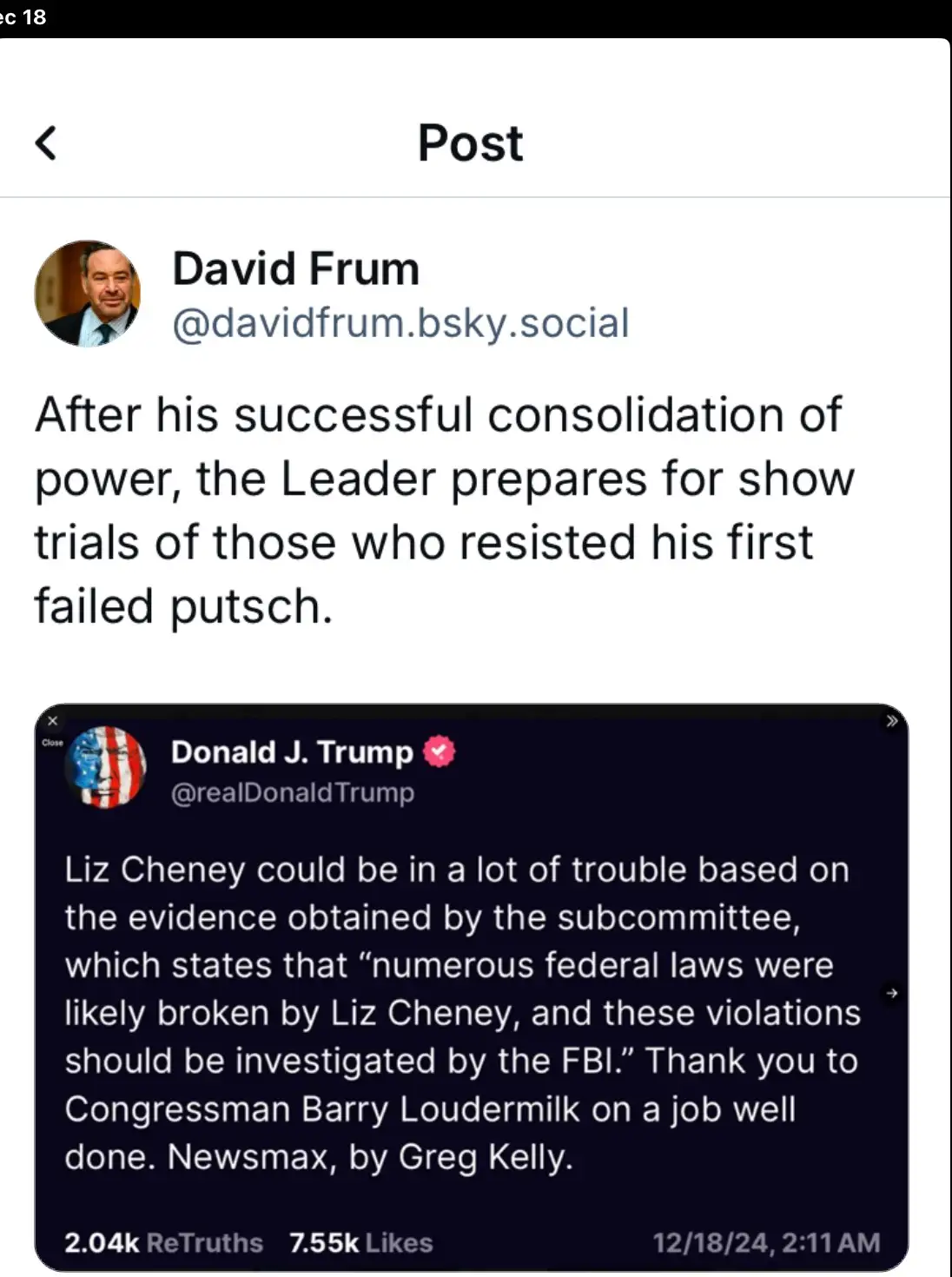 A screenshot of a post by David Frum on a social media platform, which contains a quote from a Donald J. Trump post. The…