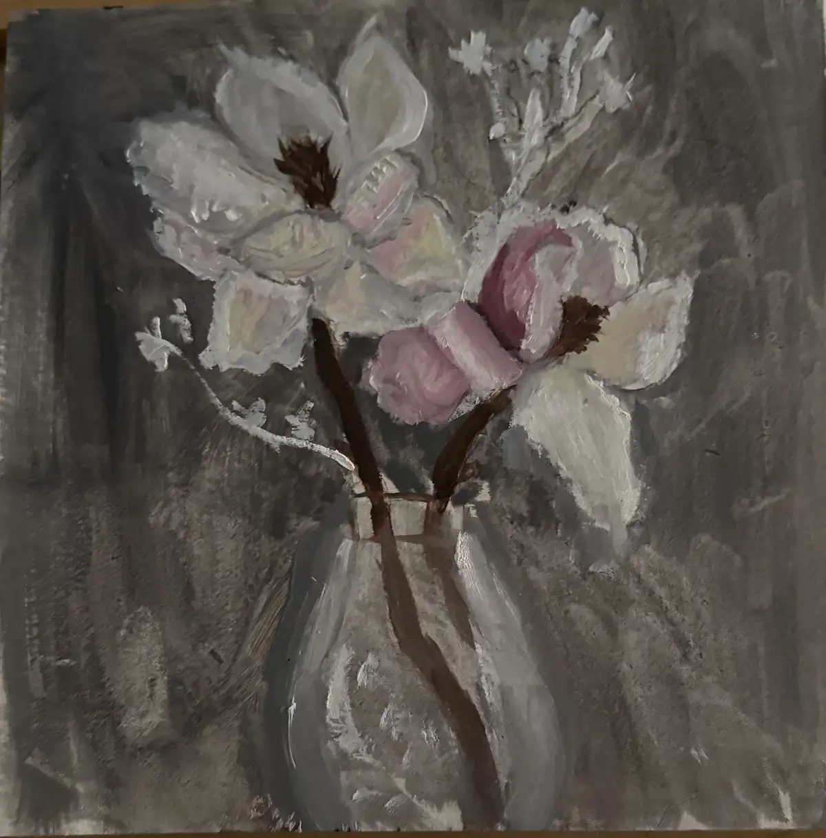 A textured oil painting depicts a vase with white and pink magnolia flowers against a dark gray background. The flowers have…