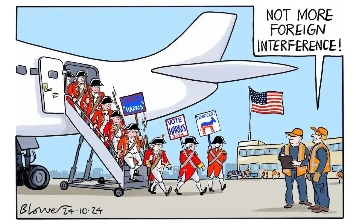 A cartoon shows colonial-era American soldiers in red coats disembarking from a modern airplane, holding signs that say…