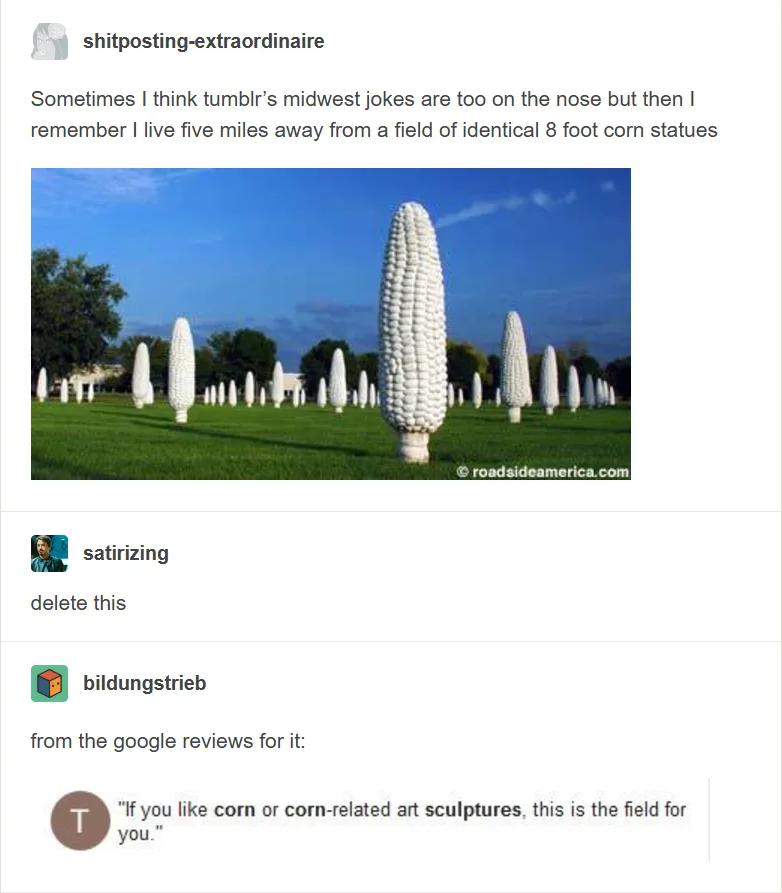 An image shows a field of identical, tall, white corn sculptures standing in a grassy area under a blue sky. The overlaid…