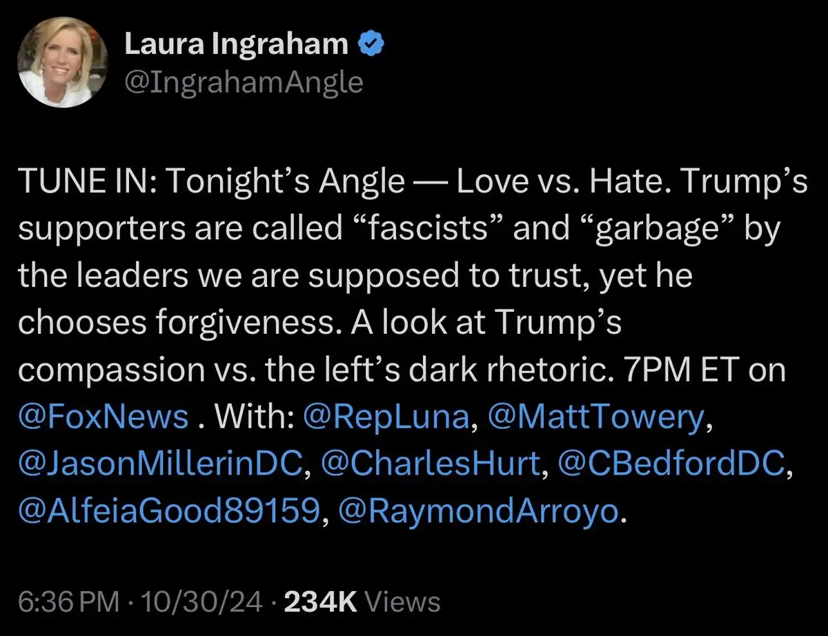 A screenshot of a tweet from Laura Ingraham's verified Twitter account (@IngrahamAngle) promoting her show 'Tonight's Angle…