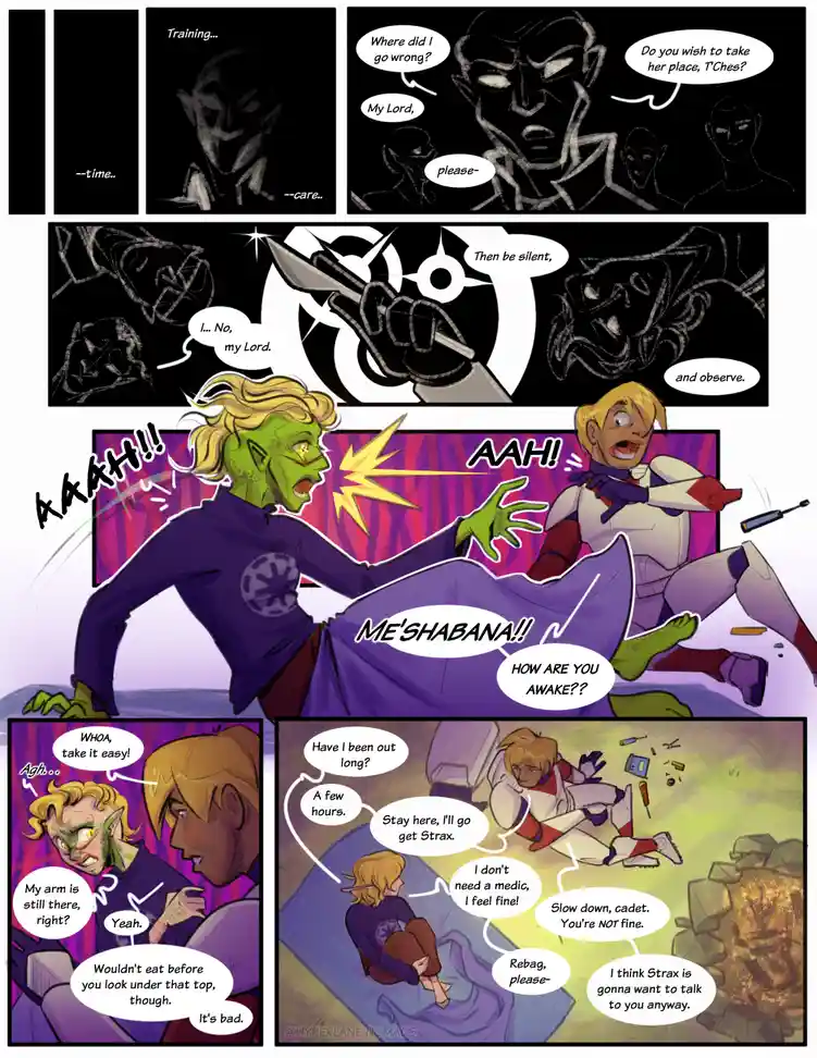 A comic strip depicts a green-skinned character, Me'shabana, screaming in pain after being stabbed by a blade held by a…