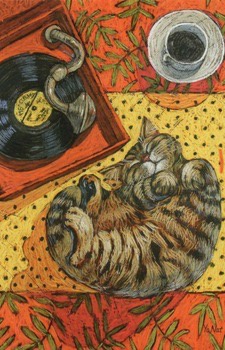 A hand-drawn illustration shows a striped tabby cat curled up and sleeping soundly on a yellow patterned surface. Beside it…