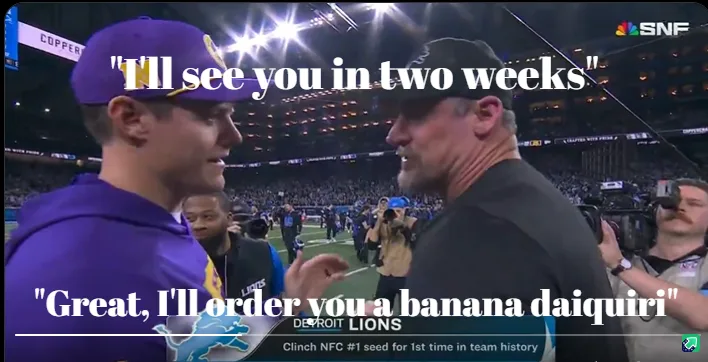 Two men in a stadium setting, one in a purple hoodie and cap, the other in a black shirt and cap, facing each other. White…