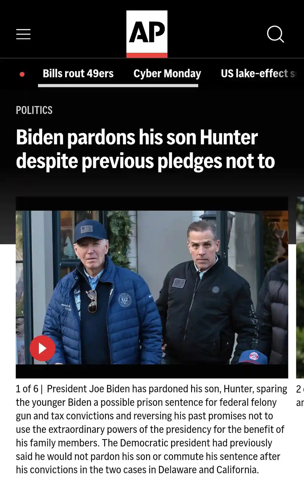 An Associated Press news article screenshot shows President Joe Biden and his son Hunter Biden standing side by side. The…