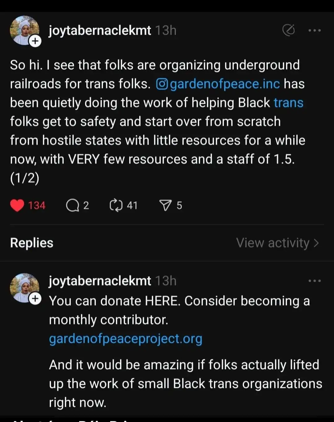 A screenshot of a social media post by 'joytabernaclekmt' detailing the work of @gardenofpeace.inc, which helps Black trans…