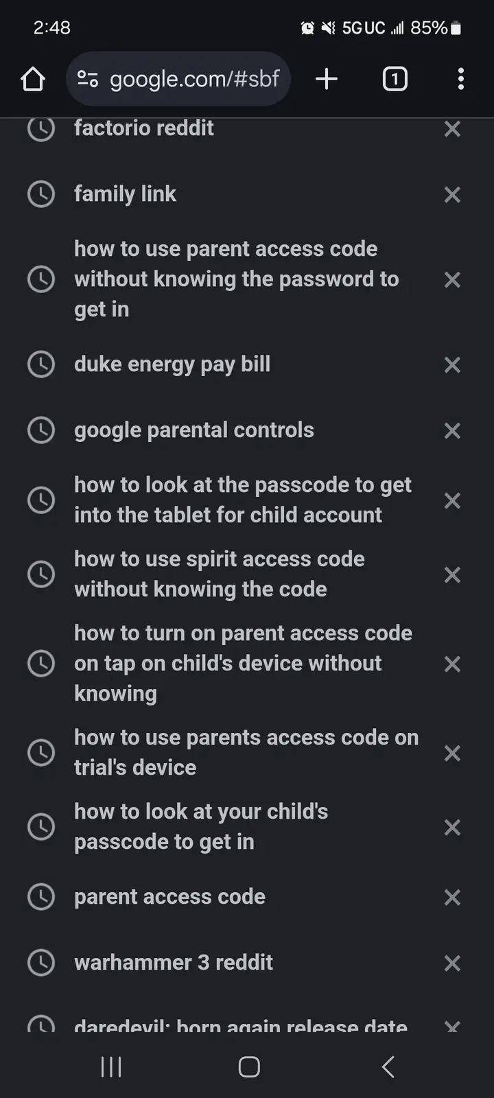 A smartphone screenshot shows a Google search history with repeated queries about bypassing parental controls and accessing…