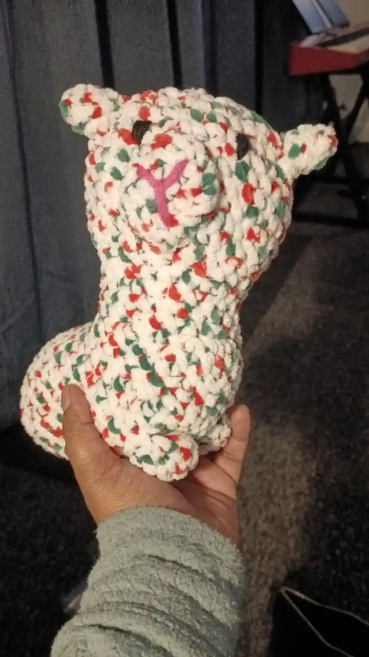 A hand holds a handmade, chunky crocheted stuffed animal resembling a bear or dog, made with white yarn mixed with red and…