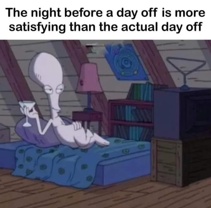 An alien character from the cartoon 'Invader Zim' lounges on a bed in an attic room, holding a martini glass with a relaxed…