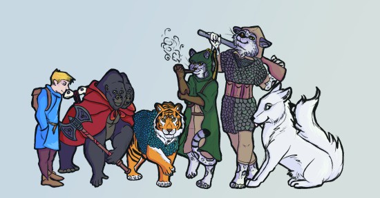 A cartoon illustration shows six anthropomorphic animal characters standing together. From left to right: a human-like boy…