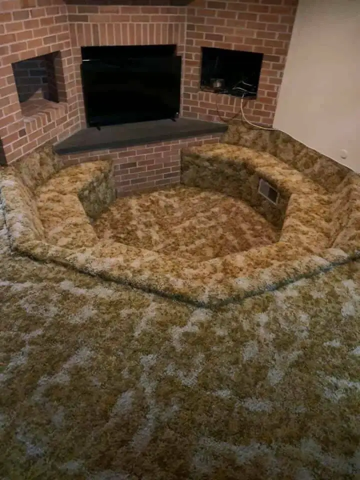 A room features a built-in, circular seating area upholstered in shaggy, patterned fabric that resembles a giant dog bed…