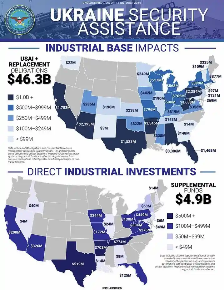 A U.S. Department of Defense infographic titled 'Ukraine Security Assistance' displays two maps of the United States. The…